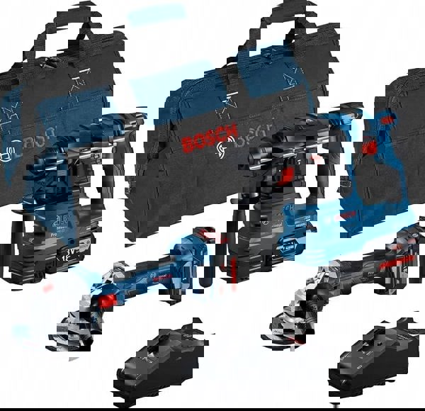 Σετ ηλεκτρικών εργαλείων Bosch combo set ασύρματο γωνιακό τριβείο GWS 18V-7 + ασύρματο πιστολέτο GBH 18V-22, σετ εργαλείων (μπλε, 2x μπαταρίες Li-ion 4.0Ah, τσάντα εργαλείων)